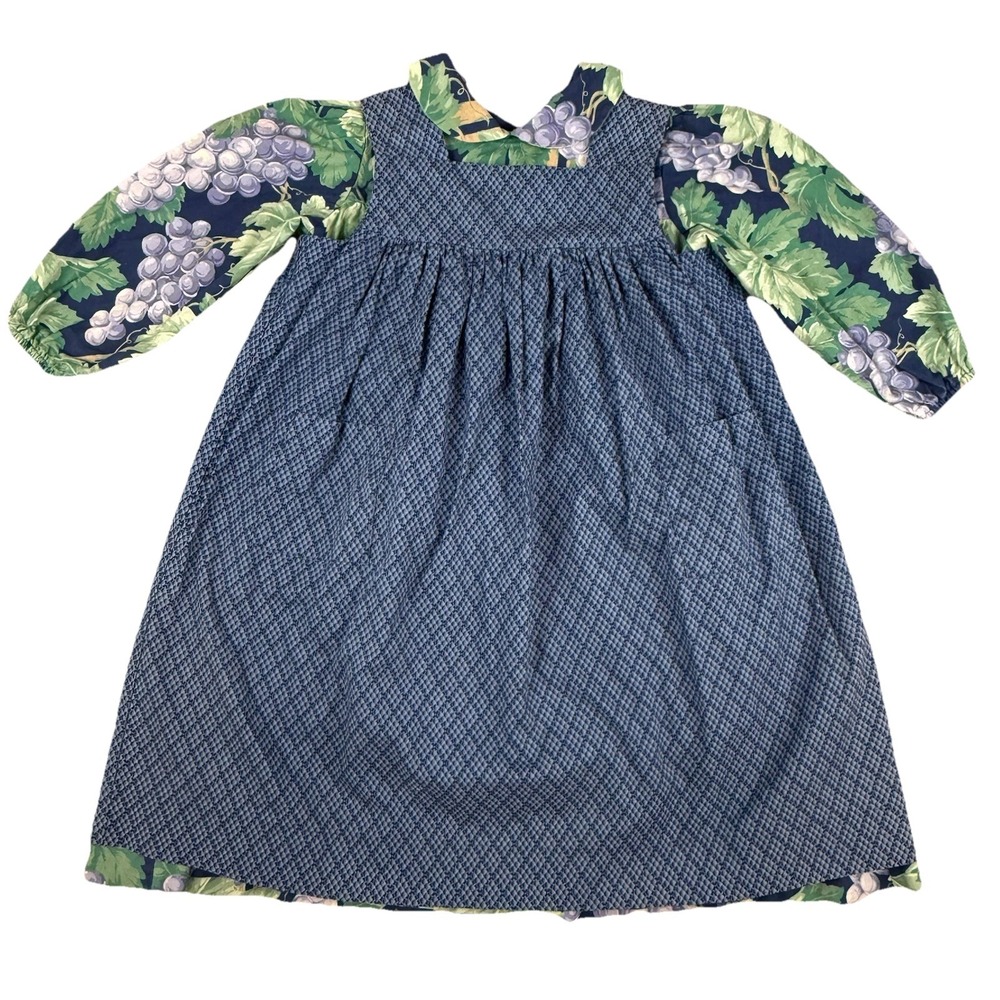Vtg Traditions by Pamela Kline Girls Country Dress Apron Smock Sz 6 Blue Floral